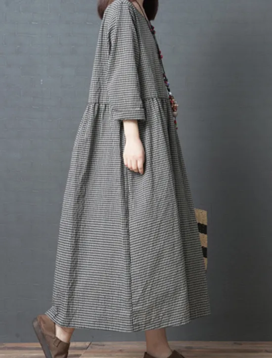 Outlet Women's Spring Fall Long Dress Maxi Dress Linen-Inspired Dresses Casual Dress Cotton Linen Dress Basic Casual Outdoor Daily Weekend Loose Fit Plaid Crew Neck Women Dresses