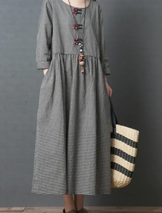 Outlet Women's Spring Fall Long Dress Maxi Dress Linen-Inspired Dresses Casual Dress Cotton Linen Dress Basic Casual Outdoor Daily Weekend Loose Fit Plaid Crew Neck Women Dresses