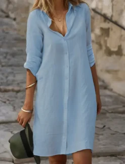 Best Women's Black White Blue Summer Spring Mini Dress Cotton Linen Dresses Shirt Dress White Cotton Dress Vacation Basic Modern Daily Weekend Loose Fit Plain Shirt Collar Women Dresses|White Dresses