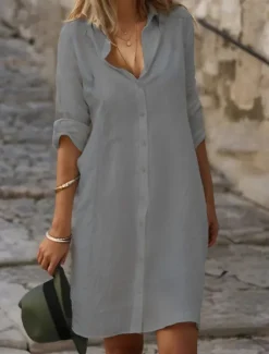 Best Women's Black White Blue Summer Spring Mini Dress Cotton Linen Dresses Shirt Dress White Cotton Dress Vacation Basic Modern Daily Weekend Loose Fit Plain Shirt Collar Women Dresses|White Dresses