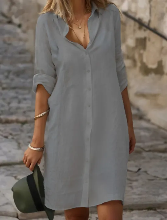 Best Women's Black White Blue Summer Spring Mini Dress Cotton Linen Dresses Shirt Dress White Cotton Dress Vacation Basic Modern Daily Weekend Loose Fit Plain Shirt Collar Women Dresses|White Dresses