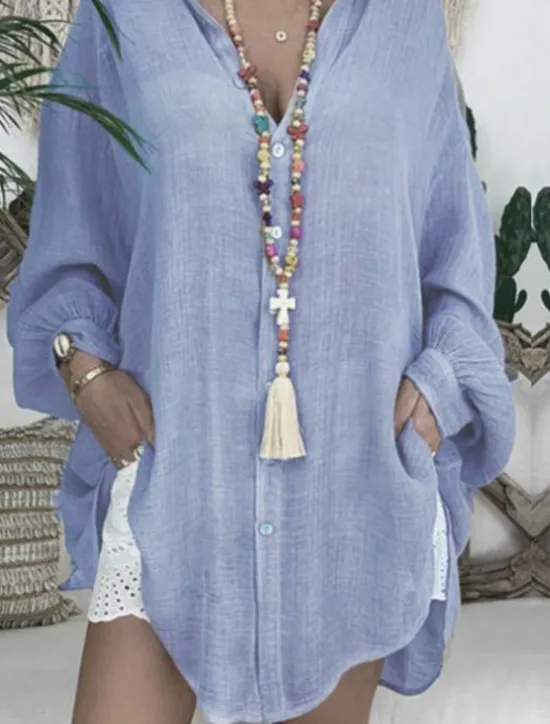 Women's Black White Blue Summer Spring Fall Mini Dress Linen-Inspired Dresses White Dress Shirt Dress Casual Outdoor Vacation Daily Loose Fit Pure Color Shirt Collar Women Dresses