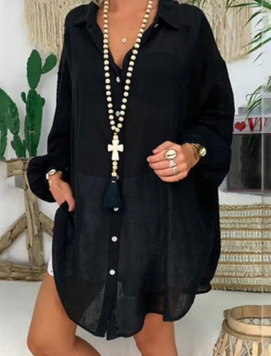 Women's Black White Blue Summer Spring Fall Mini Dress Linen-Inspired Dresses White Dress Shirt Dress Casual Outdoor Vacation Daily Loose Fit Pure Color Shirt Collar Women Dresses
