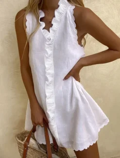Women's Black White Dark Pink Summer Spring Mini Dress White Dress Cotton Linen Dresses Sundress Casual Vacation Daily Regular Fit Plain V Neck Women Dresses