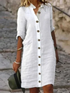 Hot Women's Black White Green Summer Spring Fall Midi Dress Linen-Inspired Dresses Shirt Dress Casual Dress Fashion Basic Casual Outdoor Daily Regular Fit Plain Shirt Collar Women Dresses