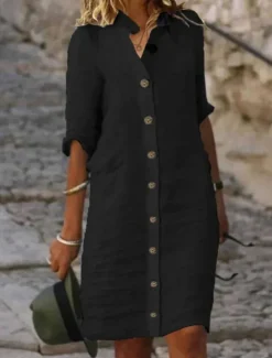 Hot Women's Black White Green Summer Spring Fall Midi Dress Linen-Inspired Dresses Shirt Dress Casual Dress Fashion Basic Casual Outdoor Daily Regular Fit Plain Shirt Collar Women Dresses