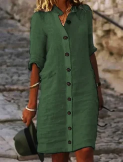 Hot Women's Black White Green Summer Spring Fall Midi Dress Linen-Inspired Dresses Shirt Dress Casual Dress Fashion Basic Casual Outdoor Daily Regular Fit Plain Shirt Collar Women Dresses