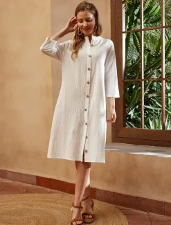 Hot Women's Black White Green Summer Spring Fall Midi Dress Linen-Inspired Dresses Shirt Dress Casual Dress Fashion Basic Casual Outdoor Daily Regular Fit Plain Shirt Collar Women Dresses