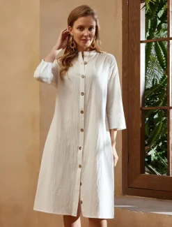 Hot Women's Black White Green Summer Spring Fall Midi Dress Linen-Inspired Dresses Shirt Dress Casual Dress Fashion Basic Casual Outdoor Daily Regular Fit Plain Shirt Collar Women Dresses