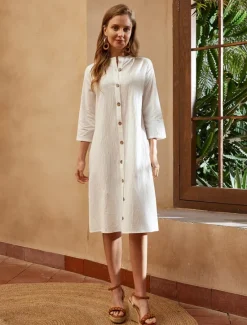 Hot Women's Black White Green Summer Spring Fall Midi Dress Linen-Inspired Dresses Shirt Dress Casual Dress Fashion Basic Casual Outdoor Daily Regular Fit Plain Shirt Collar Women Dresses