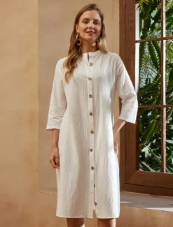 Hot Women's Black White Green Summer Spring Fall Midi Dress Linen-Inspired Dresses Shirt Dress Casual Dress Fashion Basic Casual Outdoor Daily Regular Fit Plain Shirt Collar Women Dresses