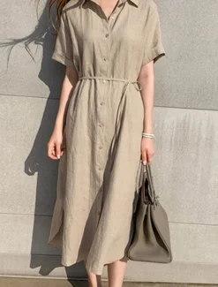 Discount Women's Black White khaki Summer Spring Maxi Dress White Dress Shirt Dress Cotton Linen Dress Basic Modern Casual Daily Weekend Loose Fit Plain Shirt Collar Women White Dresses