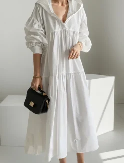 Best Women's Black White khaki Fall Winter Autumn Maxi Dress White Dress Cotton Linen Dresses Shirt Dress Fashion Basic Classic Outdoor Vacation Daily Loose Fit Plain Hooded Women Dresses