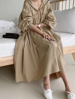 Best Women's Black White khaki Fall Winter Autumn Maxi Dress White Dress Cotton Linen Dresses Shirt Dress Fashion Basic Classic Outdoor Vacation Daily Loose Fit Plain Hooded Women Dresses