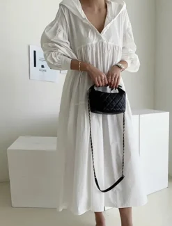 Best Women's Black White khaki Fall Winter Autumn Maxi Dress White Dress Cotton Linen Dresses Shirt Dress Fashion Basic Classic Outdoor Vacation Daily Loose Fit Plain Hooded Women Dresses