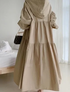 Best Women's Black White khaki Fall Winter Autumn Maxi Dress White Dress Cotton Linen Dresses Shirt Dress Fashion Basic Classic Outdoor Vacation Daily Loose Fit Plain Hooded Women Dresses
