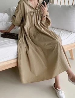 Best Women's Black White khaki Fall Winter Autumn Maxi Dress White Dress Cotton Linen Dresses Shirt Dress Fashion Basic Classic Outdoor Vacation Daily Loose Fit Plain Hooded Women Dresses