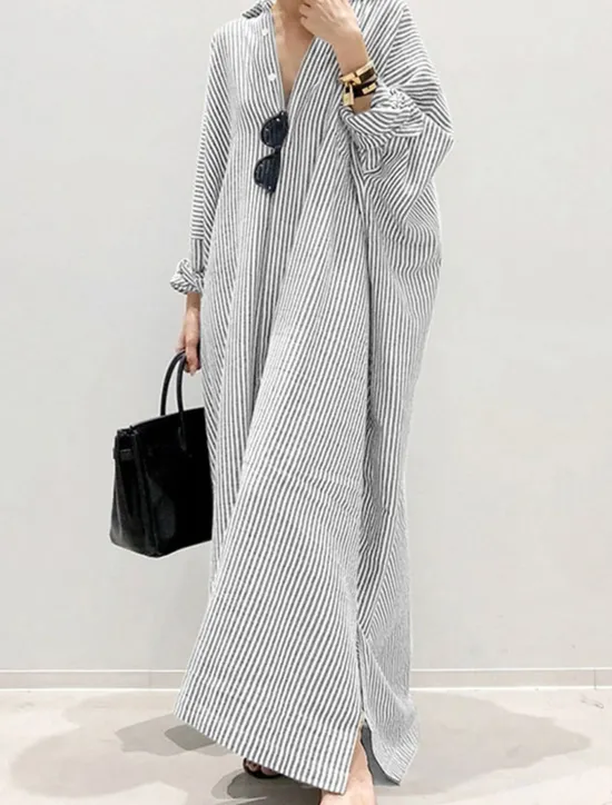 Best Women's Black White Light Green Summer Spring Fall Maxi Dress Cotton Linen Dresses Casual Dress Shift Dress Basic Casual Outdoor Winter Dress Vacation Loose Fit Striped Shirt Collar Women Dresses