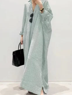 Best Women's Black White Light Green Summer Spring Fall Maxi Dress Cotton Linen Dresses Casual Dress Shift Dress Basic Casual Outdoor Winter Dress Vacation Loose Fit Striped Shirt Collar Women Dresses