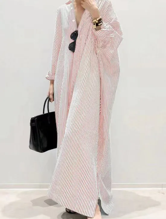 Best Women's Black White Light Green Summer Spring Fall Maxi Dress Cotton Linen Dresses Casual Dress Shift Dress Basic Casual Outdoor Winter Dress Vacation Loose Fit Striped Shirt Collar Women Dresses