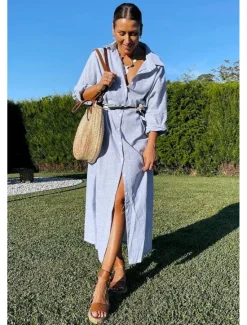 Best Women's Black White Light Green Summer Spring Fall Maxi Dress Cotton Linen Dresses Casual Dress Shift Dress Basic Casual Outdoor Winter Dress Vacation Loose Fit Striped Shirt Collar Women Dresses
