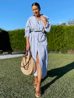 Best Women's Black White Light Green Summer Spring Fall Maxi Dress Cotton Linen Dresses Casual Dress Shift Dress Basic Casual Outdoor Winter Dress Vacation Loose Fit Striped Shirt Collar Women Dresses