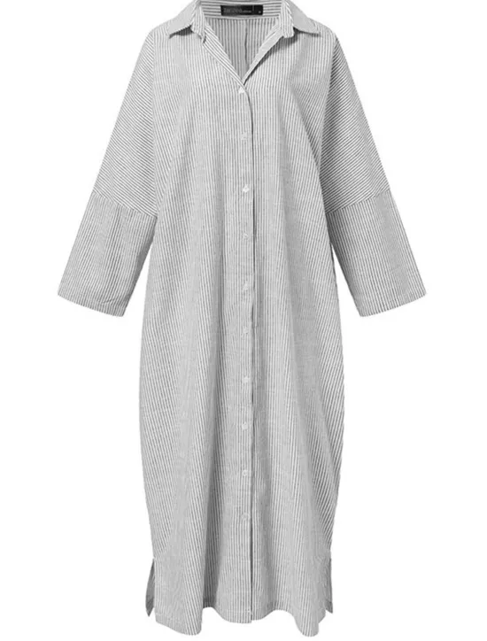 Best Women's Black White Light Green Summer Spring Fall Maxi Dress Cotton Linen Dresses Casual Dress Shift Dress Basic Casual Outdoor Winter Dress Vacation Loose Fit Striped Shirt Collar Women Dresses