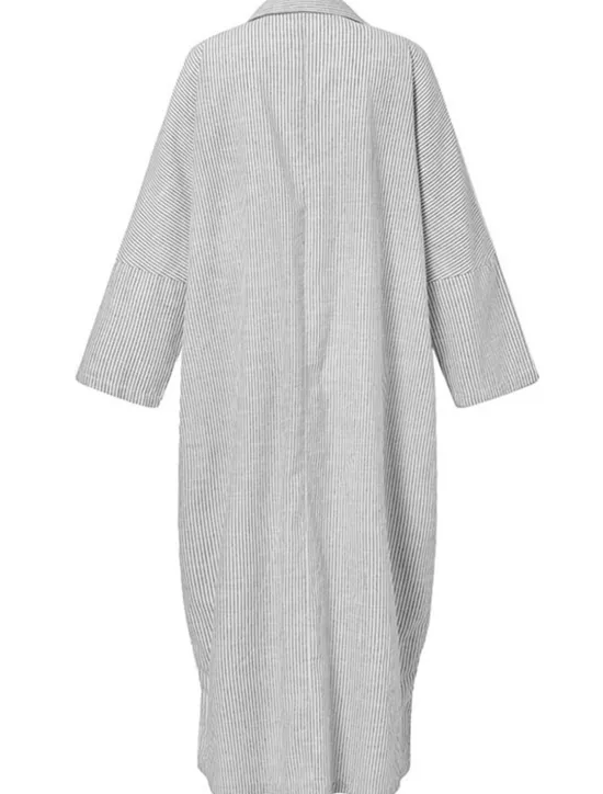 Best Women's Black White Light Green Summer Spring Fall Maxi Dress Cotton Linen Dresses Casual Dress Shift Dress Basic Casual Outdoor Winter Dress Vacation Loose Fit Striped Shirt Collar Women Dresses