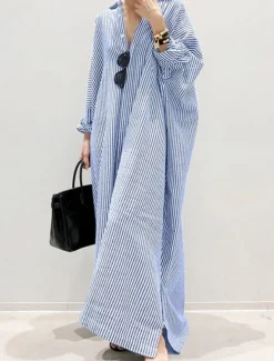 Best Women's Black White Light Green Summer Spring Fall Maxi Dress Cotton Linen Dresses Casual Dress Shift Dress Basic Casual Outdoor Winter Dress Vacation Loose Fit Striped Shirt Collar Women Dresses