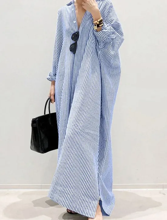 Best Women's Black White Light Green Summer Spring Fall Maxi Dress Cotton Linen Dresses Casual Dress Shift Dress Basic Casual Outdoor Winter Dress Vacation Loose Fit Striped Shirt Collar Women Dresses
