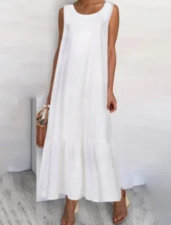 Women's Black White Navy Blue Summer Maxi long Dress Maxi Dress Linen-Inspired Dresses Tank Dress Tiered Dress Solid Basic Casual Vacation Regular Fit Crew Neck Women Dresses|White Dresses