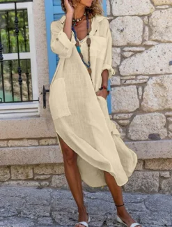 New Women's Black White Pink Summer Spring Maxi Dress White Dress Cotton Linen Dresses Shirt Dress Casual Vacation Daily Loose Fit Plain V Neck Women Dresses