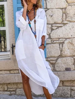 New Women's Black White Pink Summer Spring Maxi Dress White Dress Cotton Linen Dresses Shirt Dress Casual Vacation Daily Loose Fit Plain V Neck Women Dresses