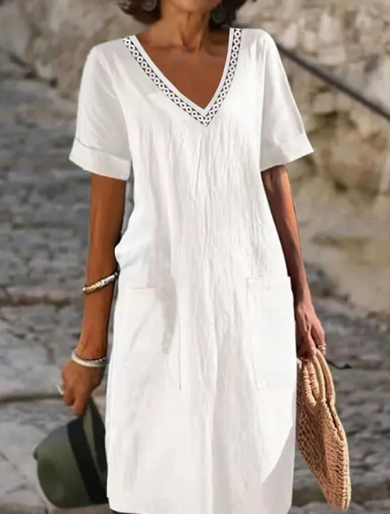 Sale Women's Black White Pink Summer Spring Midi Dress Linen-Inspired Dresses White Dress Casual Dress Classic Modern Casual Outdoor Vacation Daily Loose Fit Plain V Neck Women Dresses|White Dresses