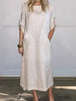 Women's Black White Red Summer Spring Maxi Dress White Dress Cotton Linen Dresses Shift Dress Basic Modern Daily Weekend Loose Fit Plain Crew Neck Women Dresses|White Dresses