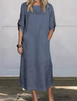 Women's Black White Red Summer Spring Maxi Dress White Dress Cotton Linen Dresses Shift Dress Basic Modern Daily Weekend Loose Fit Plain Crew Neck Women Dresses|White Dresses