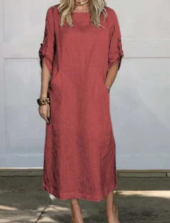 Women's Black White Red Summer Spring Maxi Dress White Dress Cotton Linen Dresses Shift Dress Basic Modern Daily Weekend Loose Fit Plain Crew Neck Women Dresses|White Dresses