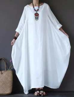 Hot Women's Black White Red Summer Spring Maxi Dress Linen-Inspired Dresses White Dress Cotton Linen Dress Casual Daily Weekend Loose Fit Plain Crew Neck Women Dresses