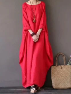 Hot Women's Black White Red Summer Spring Maxi Dress Linen-Inspired Dresses White Dress Cotton Linen Dress Casual Daily Weekend Loose Fit Plain Crew Neck Women Dresses
