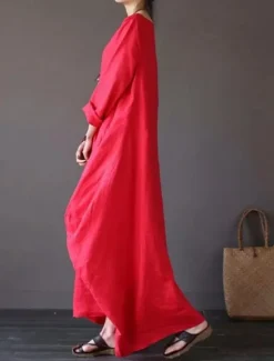 Hot Women's Black White Red Summer Spring Maxi Dress Linen-Inspired Dresses White Dress Cotton Linen Dress Casual Daily Weekend Loose Fit Plain Crew Neck Women Dresses