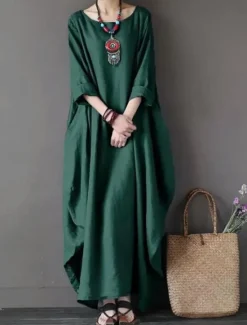 Hot Women's Black White Red Summer Spring Maxi Dress Linen-Inspired Dresses White Dress Cotton Linen Dress Casual Daily Weekend Loose Fit Plain Crew Neck Women Dresses