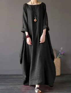 Hot Women's Black White Red Summer Spring Maxi Dress Linen-Inspired Dresses White Dress Cotton Linen Dress Casual Daily Weekend Loose Fit Plain Crew Neck Women Dresses