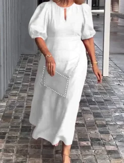 Hot Women's Black White Red Summer Spring Maxi Dress Casual Dress Formal Dress Basic Modern Casual Daily Weekend Loose Fit Plain Stand Collar Women Cocktail Dress