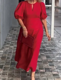 Hot Women's Black White Red Summer Spring Maxi Dress Casual Dress Formal Dress Basic Modern Casual Daily Weekend Loose Fit Plain Stand Collar Women Cocktail Dress