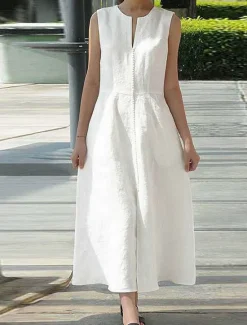 Best Women's Black Summer Spring Maxi Dress Linen-Inspired Dresses Dress Casual Dress Basic Modern Daily Weekend Loose Fit Plain Split Neck Women Dresses|White Dresses