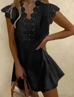 Online Women's Black White Summer Spring Mini Dress Petite Dress White Dress Lace Dress Sundress Basic Casual Daily Weekend Regular Fit Plain V Neck Women White Dresses