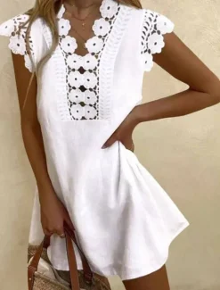Online Women's Black White Summer Spring Mini Dress Petite Dress White Dress Lace Dress Sundress Basic Casual Daily Weekend Regular Fit Plain V Neck Women White Dresses