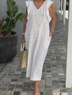 Women's Black White Yellow Summer Spring Maxi long Dress Midi Dress White Dress Cotton Linen Dresses Sundress Modern Casual Daily Weekend Loose Fit Plain V Neck Women Dresses