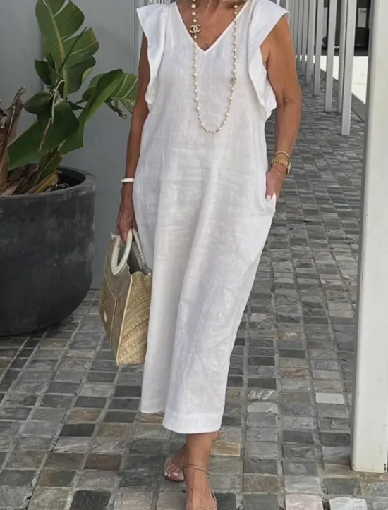 Women's Black White Yellow Summer Spring Maxi long Dress Midi Dress White Dress Cotton Linen Dresses Sundress Modern Casual Daily Weekend Loose Fit Plain V Neck Women Dresses