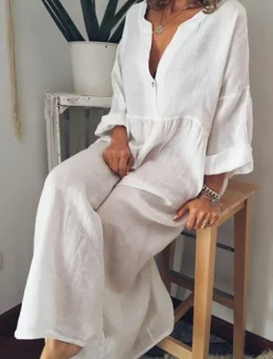 Hot Women's Black White Yellow Spring Fall Winter Maxi Dress Linen-Inspired Dresses White Dress Shirt Dress Casual Winter Dress Vacation Daily Loose Fit Plain Pure Color V Neck Split Neck Women Dresses|White Dresses